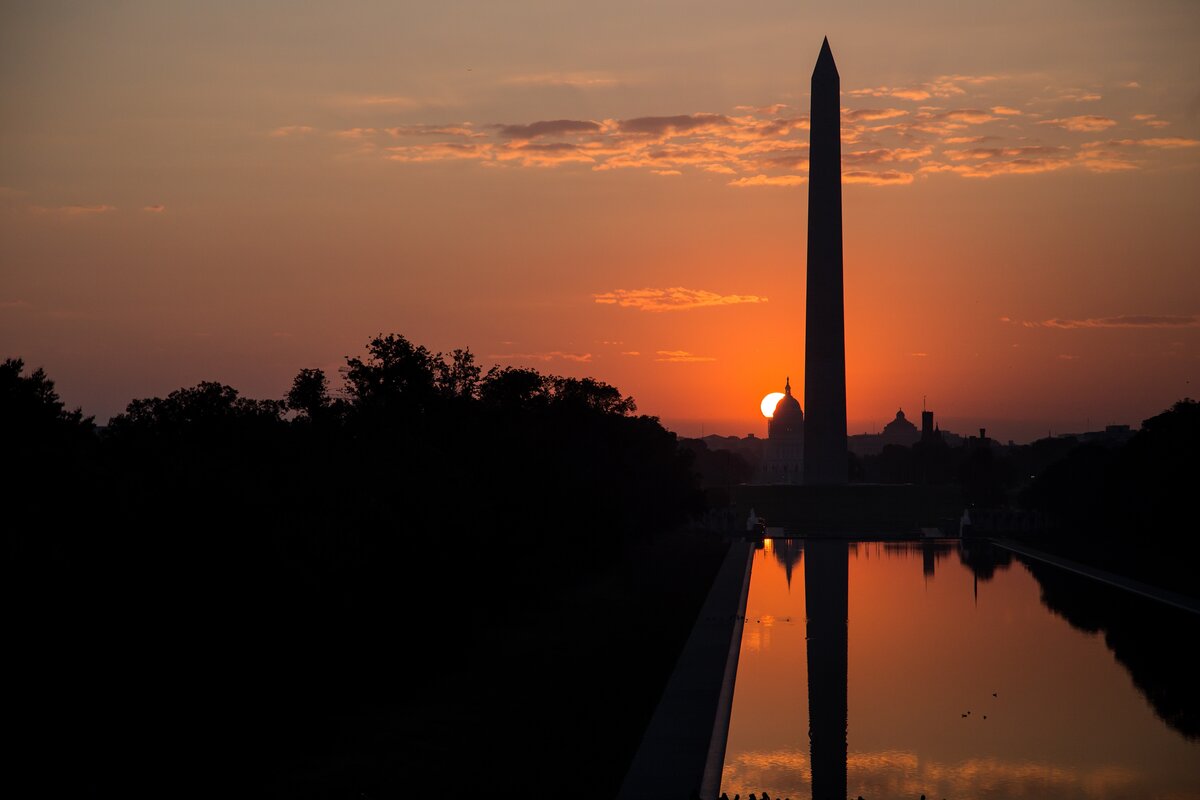 Silhouette of Washington Monument and U.S. Capitol at sunset