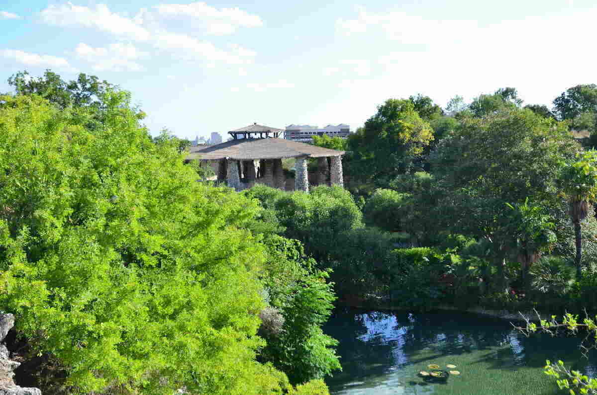 San Antonio river view and stone pavilion in the background